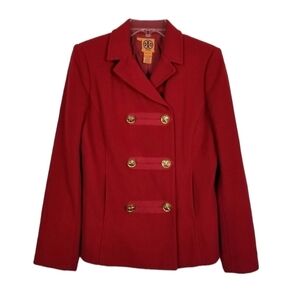 Tory Burch Callum Military Double Breasted Pea Coat Wool Blend Gold Star Red 10